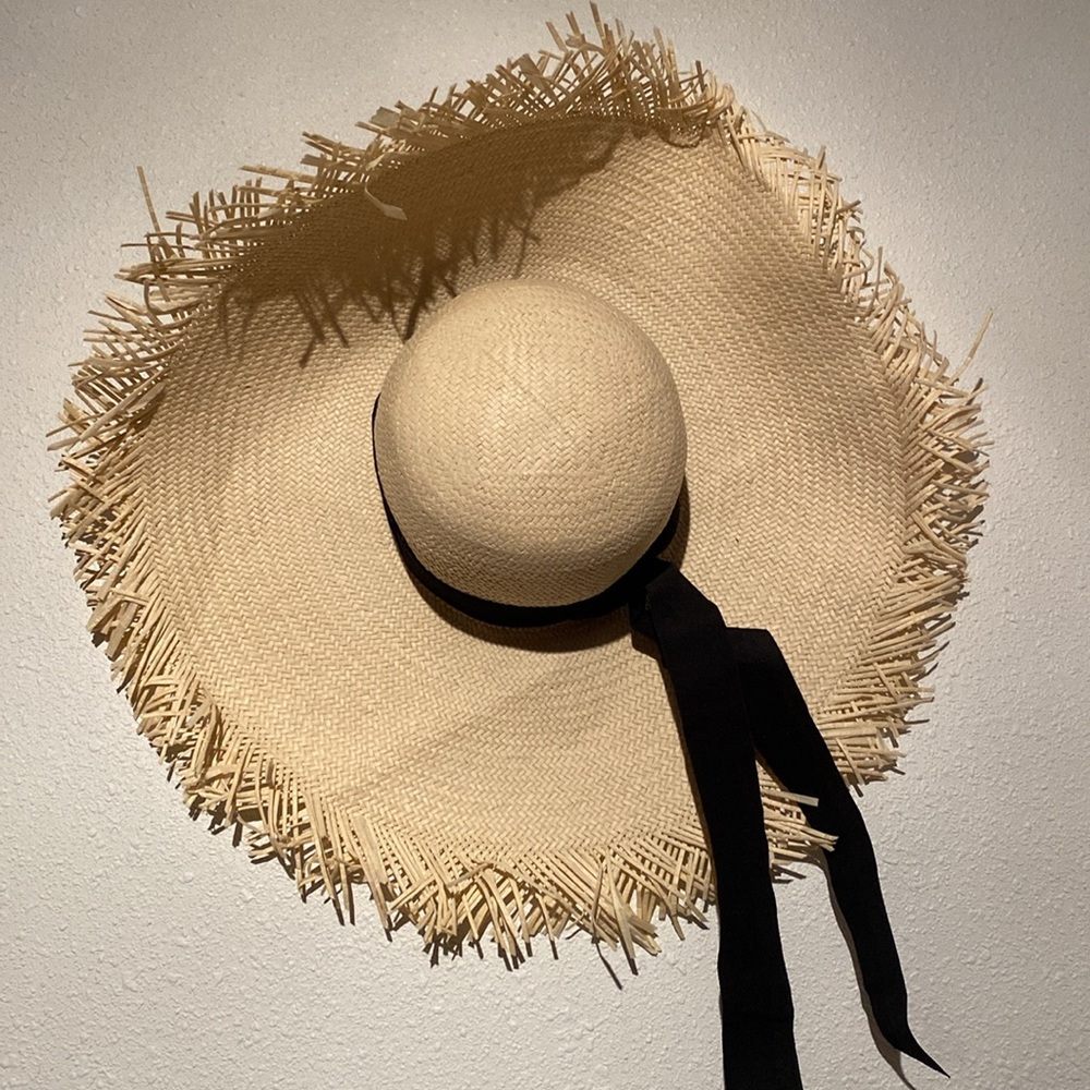 J Crew Beach Vacation Hat Floppy Straw Black Bow